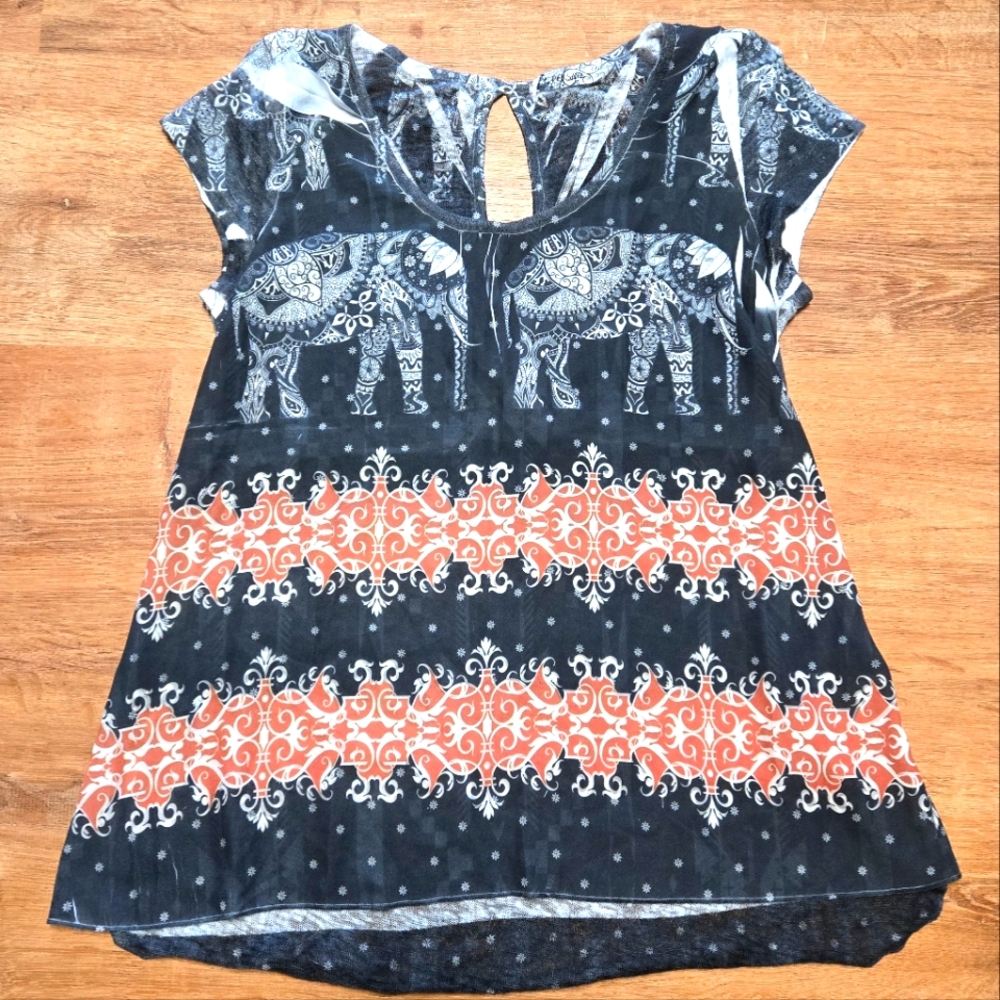 Persaya  Cap Sleeve Elephant Graphic Blouse